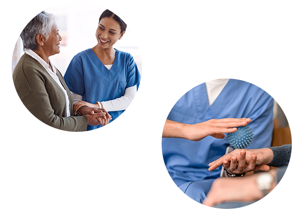 Two scenes in orthopedic care: a healthcare worker assisting an elderly patient and a therapist conducting a hand therapy session with a textured ball.